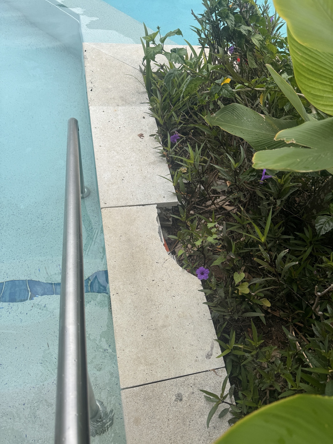 Close-up of a broken, jagged coping tile at the pool associated with our room