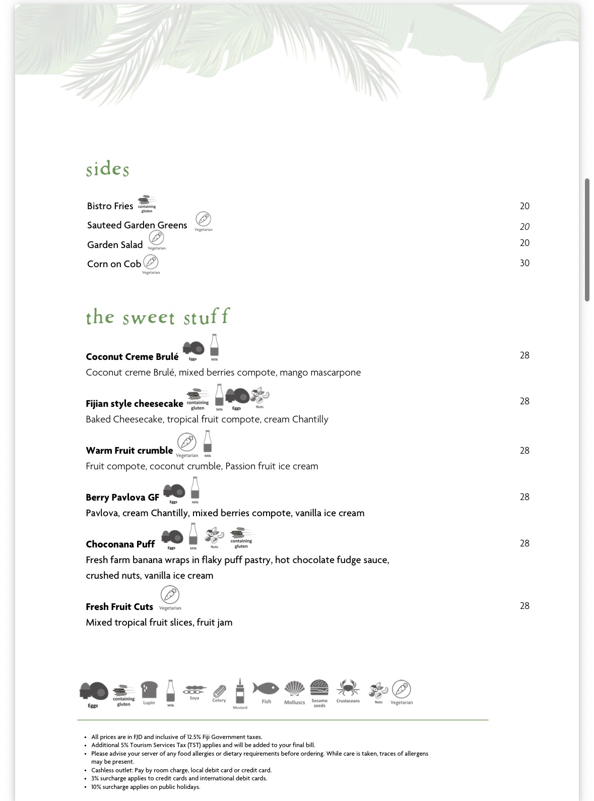 Harvest sample menu: Sides & desserts, supplied October 2026, with prices in Fiji dollars