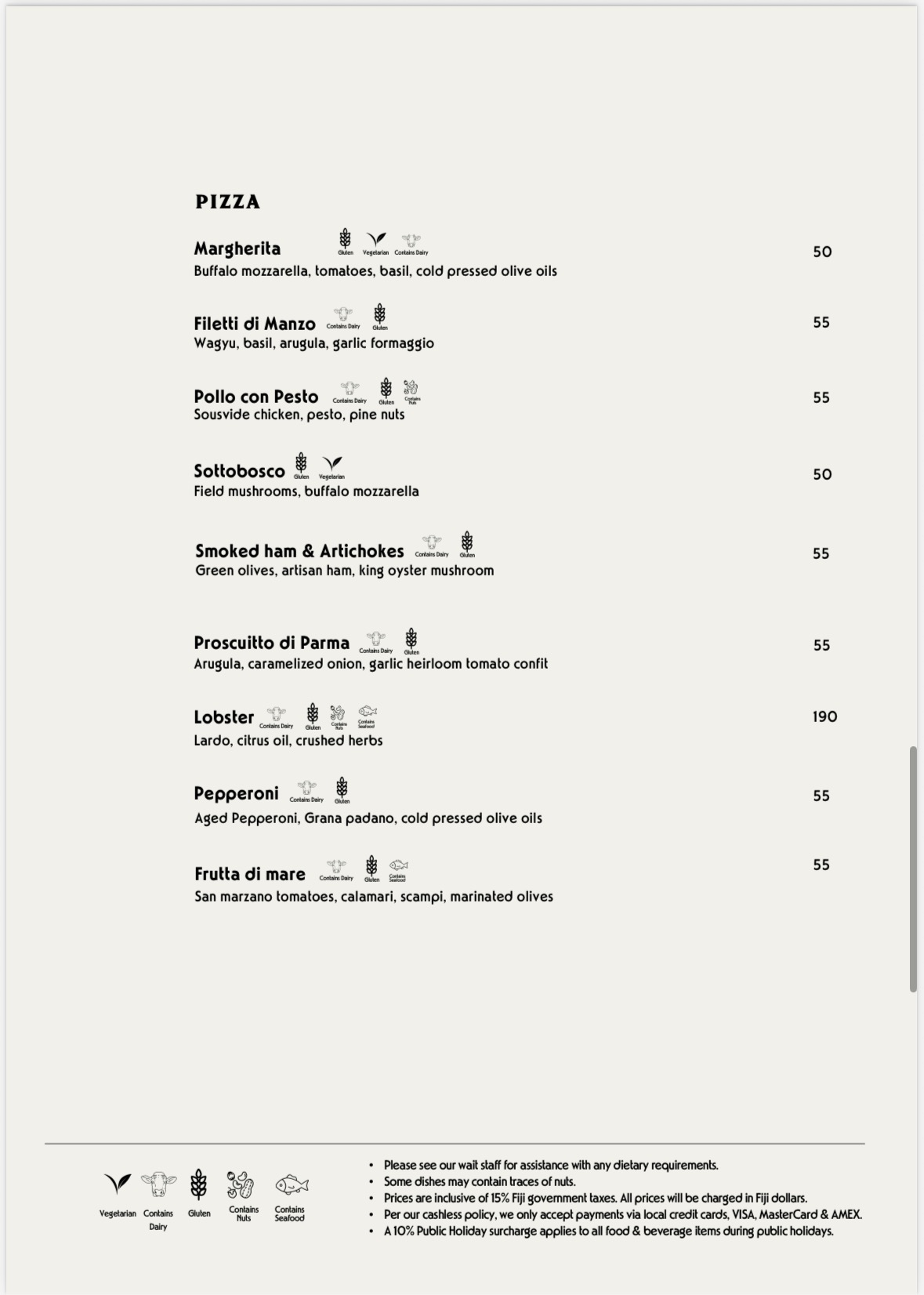 La Bottega sample menu: Pizza, supplied October 2026, with prices in Fiji dollars