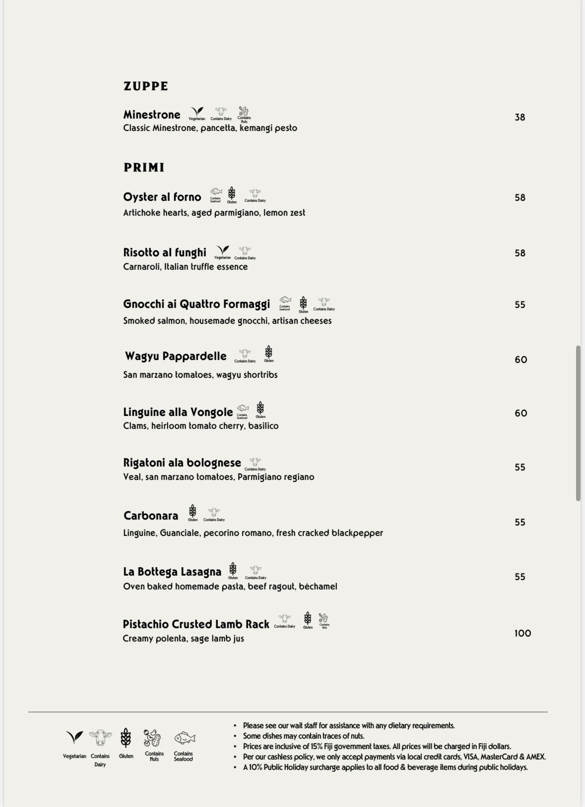 La Bottega sample menu: Soups & pasta, supplied October 2026, with prices in Fiji dollars