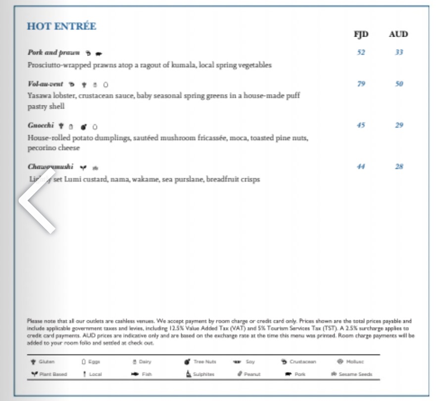 Navo Hot Entrée sample menu captured October 2026, with prices in Fiji and Australian dollars