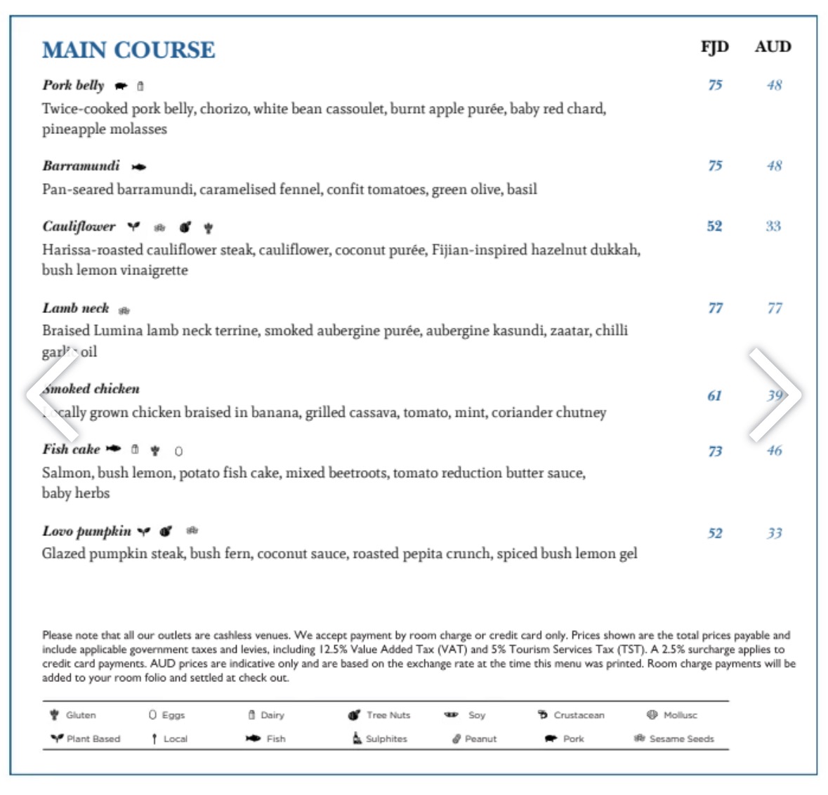 Navo Main Course sample menu captured October 2026, with prices in Fiji and Australian dollars