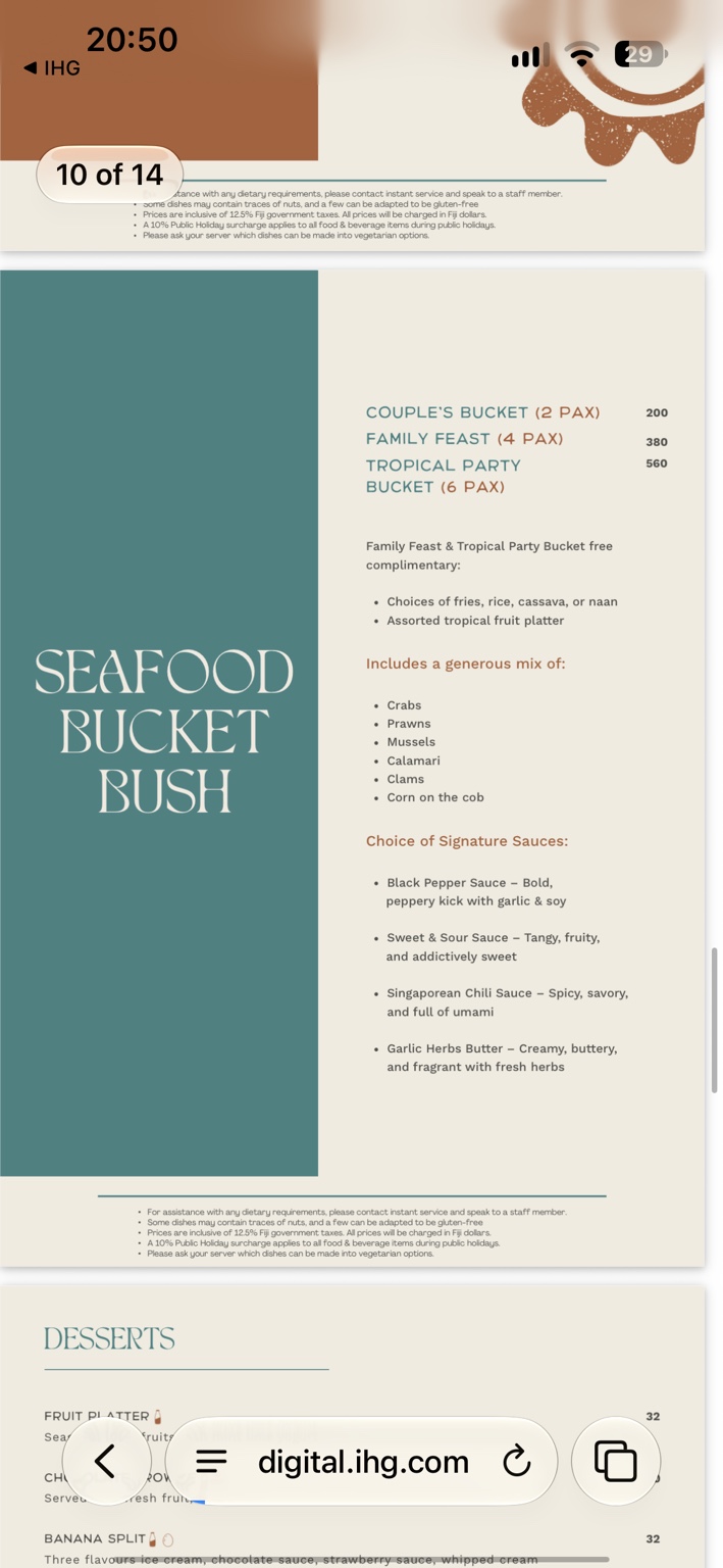 October 2026 menu screenshot listing Couple’s Bucket and larger seafood buckets; complimentary fruit is listed for the larger sizes